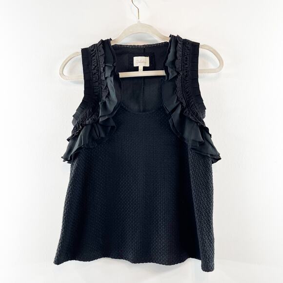 Deletta Anthropologie Ruffle Shoulder Trim Textured Stretch Tank Top Black Small - Picture 4 of 13